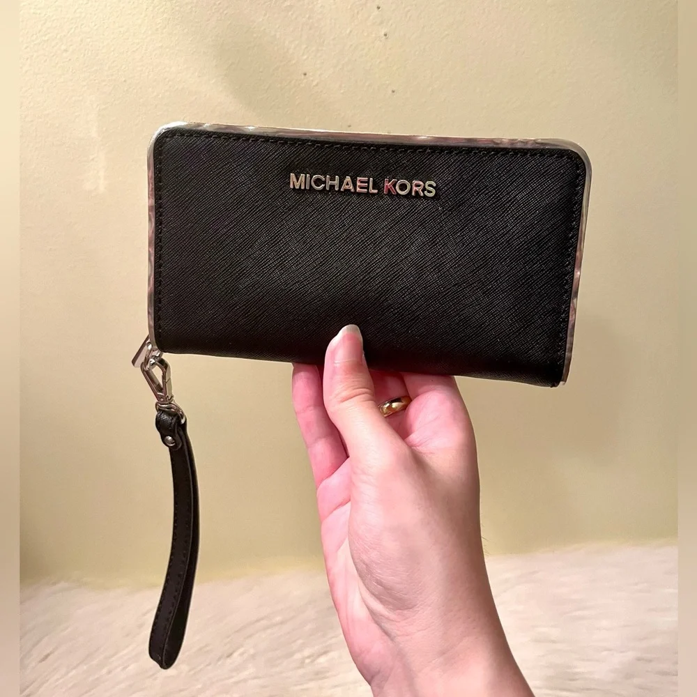 MICHAEL KORS Specchio Saffiano Leather Jet Set Travel Wallet Wristlet Med Black - Picture 3 of 6